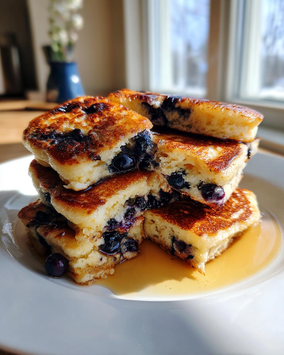 A stack of fluffy blueberry sheet pan pancakes cut into squares, drizzled with syrup on a white plate.
