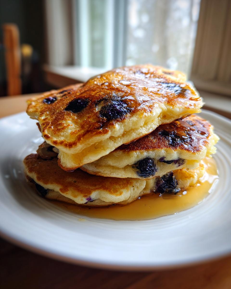 A stack of three fluffy blueberry sheet pan pancakes drizzled with syrup on a white plate.