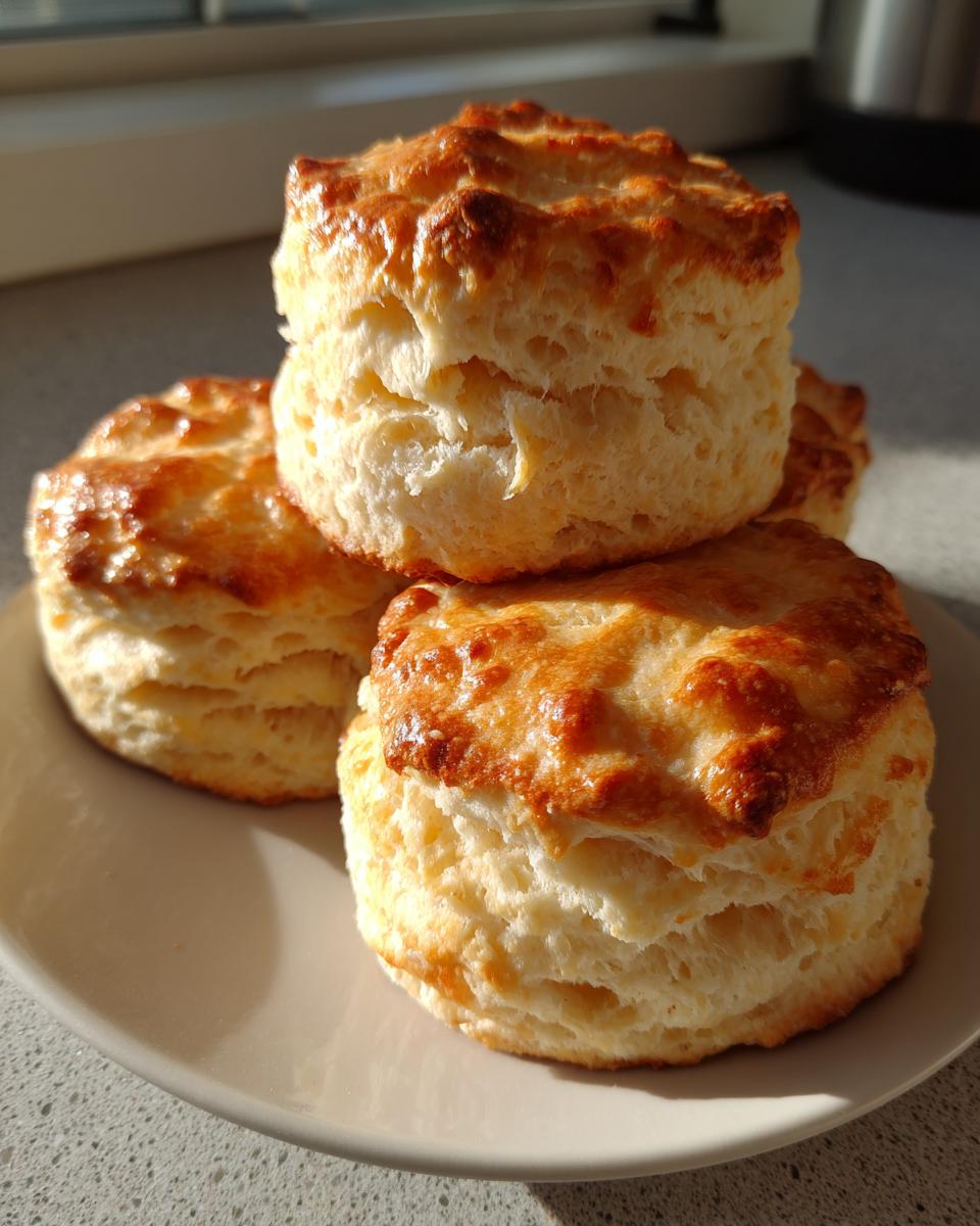 Close-up of three tall, flaky, golden brown scones stacked slightly on a light plate, highlighting their layers.