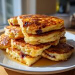A tall stack of golden brown, fluffy sheet pan pancakes drizzled with syrup on a white plate.