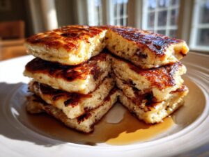 Close-up of a stack of fluffy sheet pan pancakes, cut into squares and drizzled with syrup.