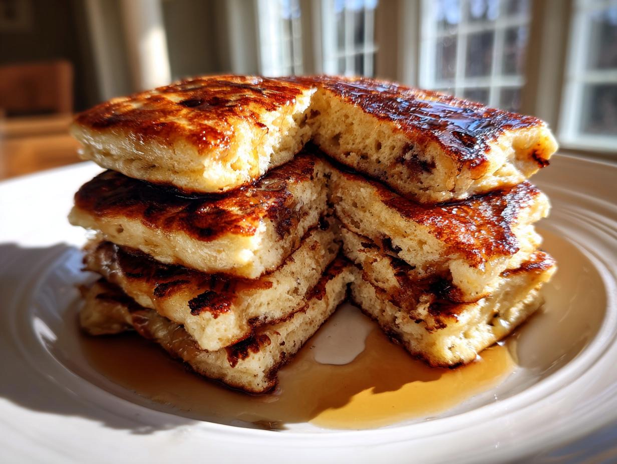 Close-up of a stack of fluffy sheet pan pancakes, cut into squares and drizzled with syrup.