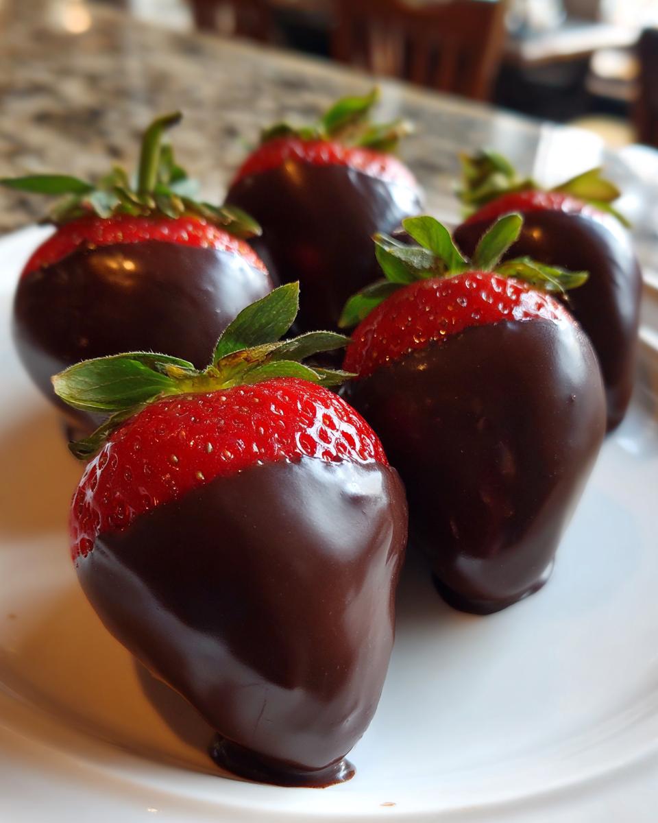 Close-up of four glossy chocolate covered strawberries with bright red tops and green stems on a white plate.
