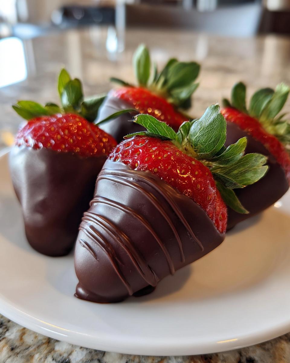 Close-up of four fresh chocolate covered strawberries with green tops, one drizzled with extra chocolate, ready to eat.