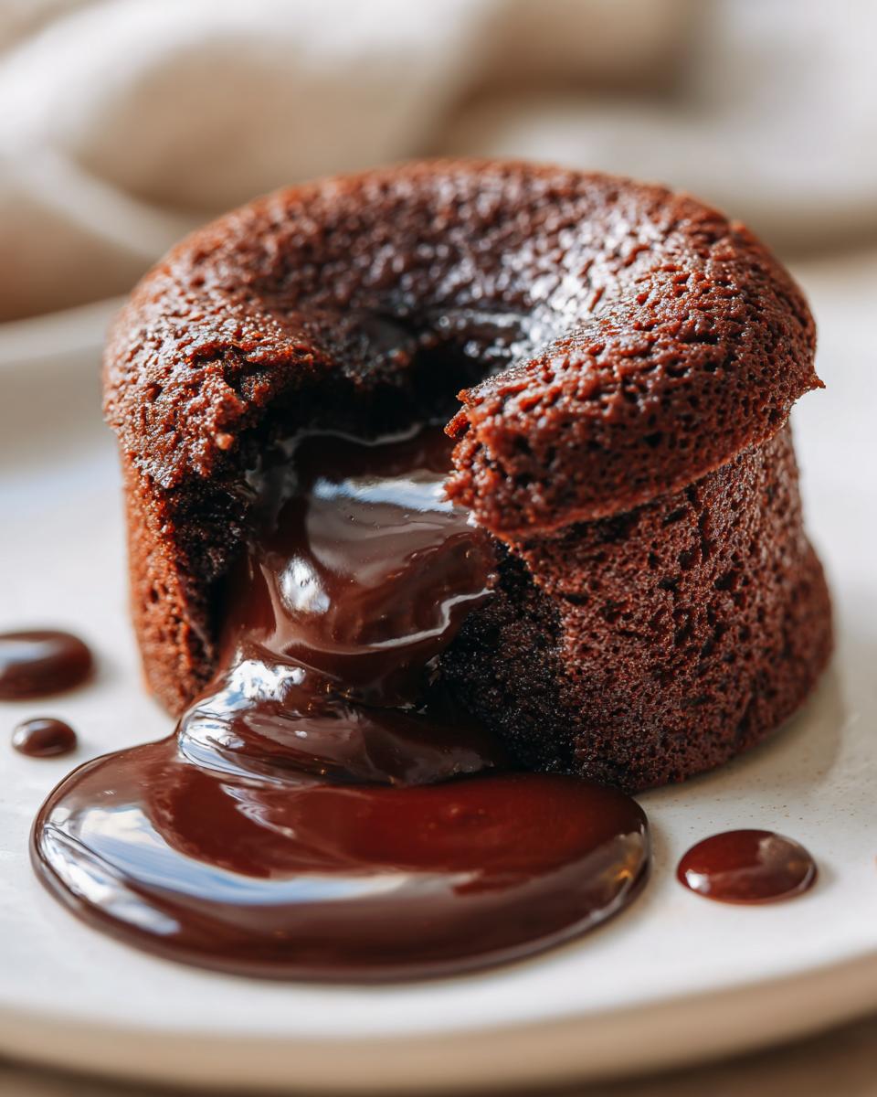 Close-up of a chocolate lava cake cut open, revealing molten chocolate flowing out onto a white plate.