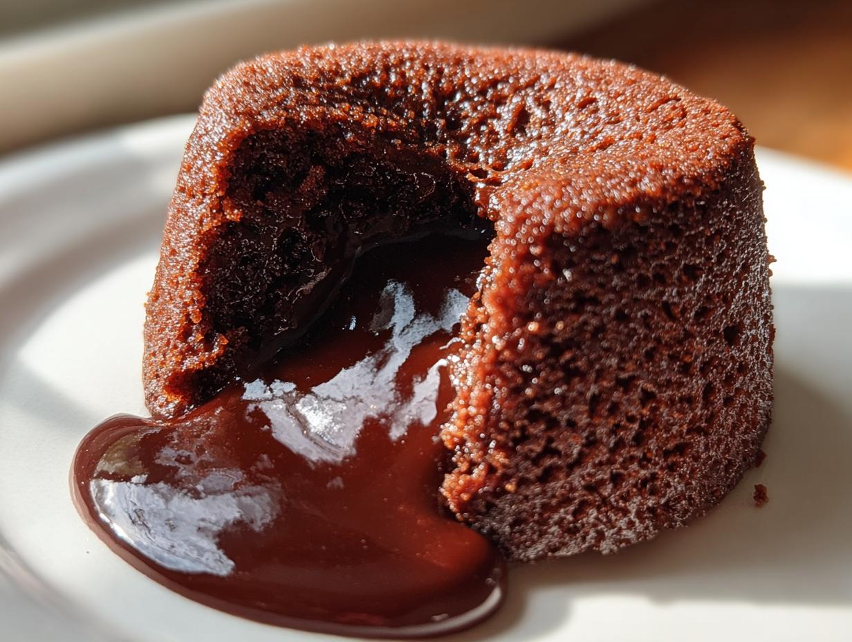 A single, freshly baked chocolate lava cake with a molten center oozing out onto a white plate.