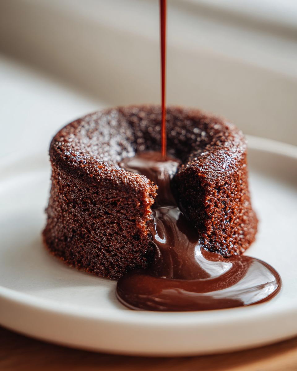A close-up of a warm chocolate lava cake with molten center oozing out as chocolate sauce is poured on top.