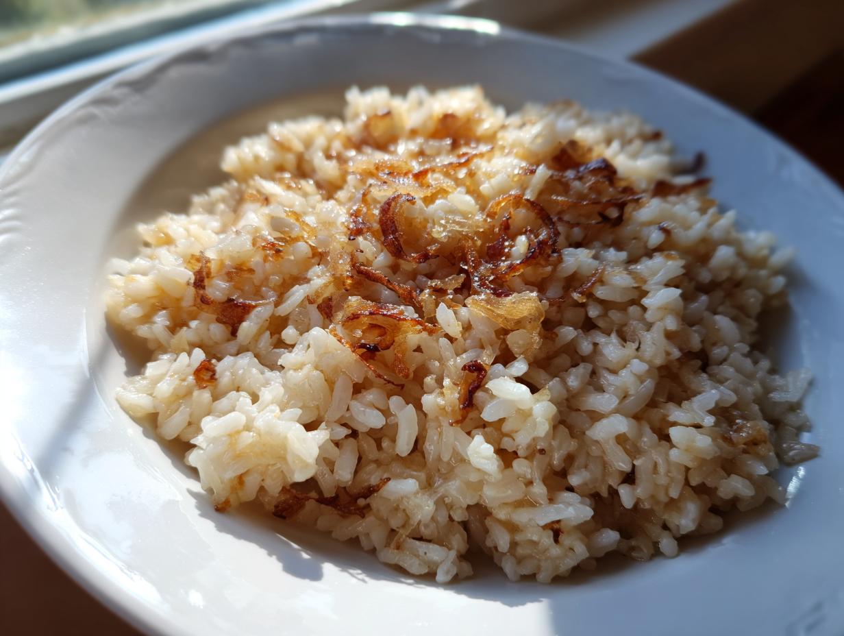 A close-up of fluffy french onion butter rice topped with crispy fried onions served in a white bowl.