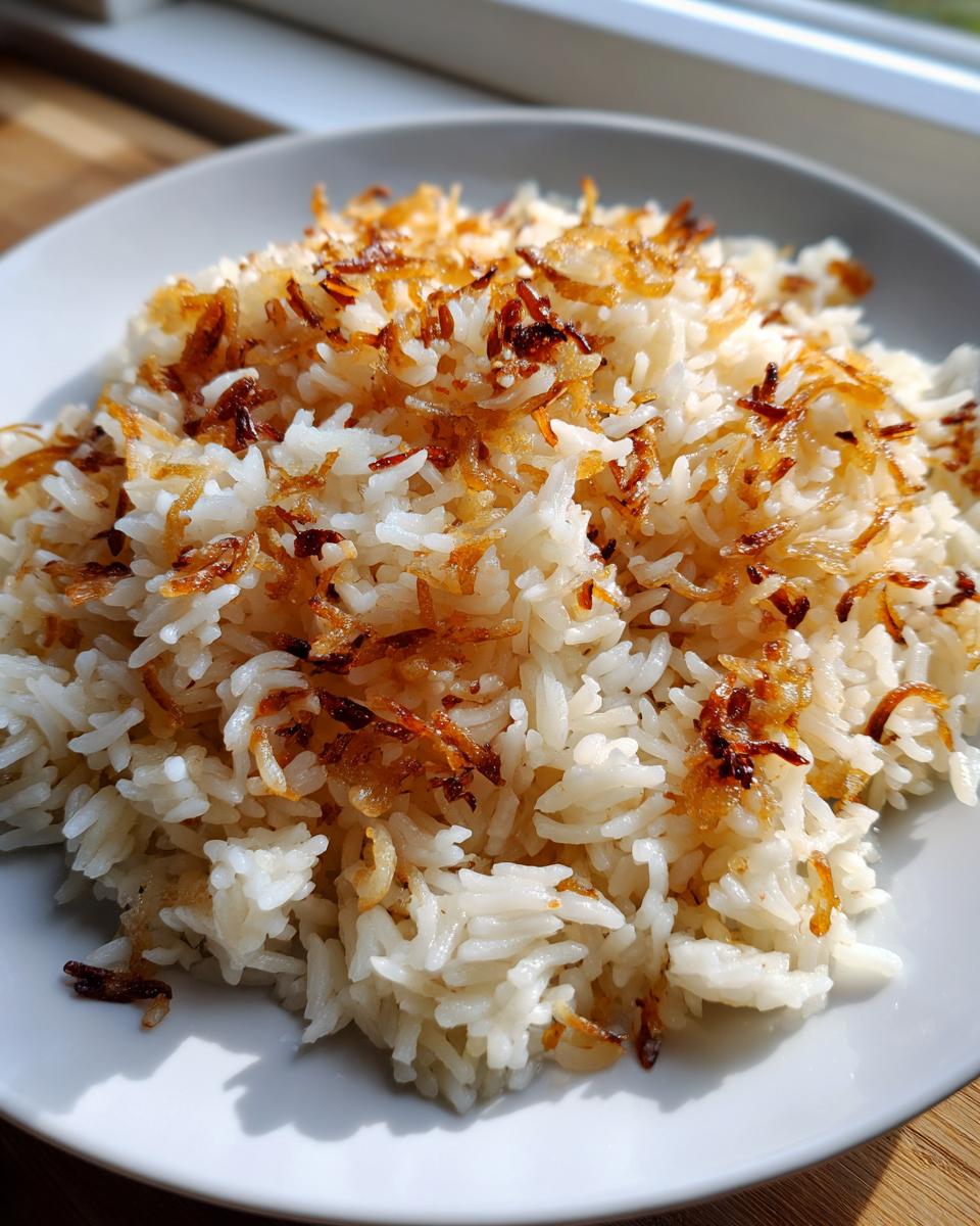 A close-up of fluffy white rice topped generously with crispy, caramelized french onion butter rice topping.