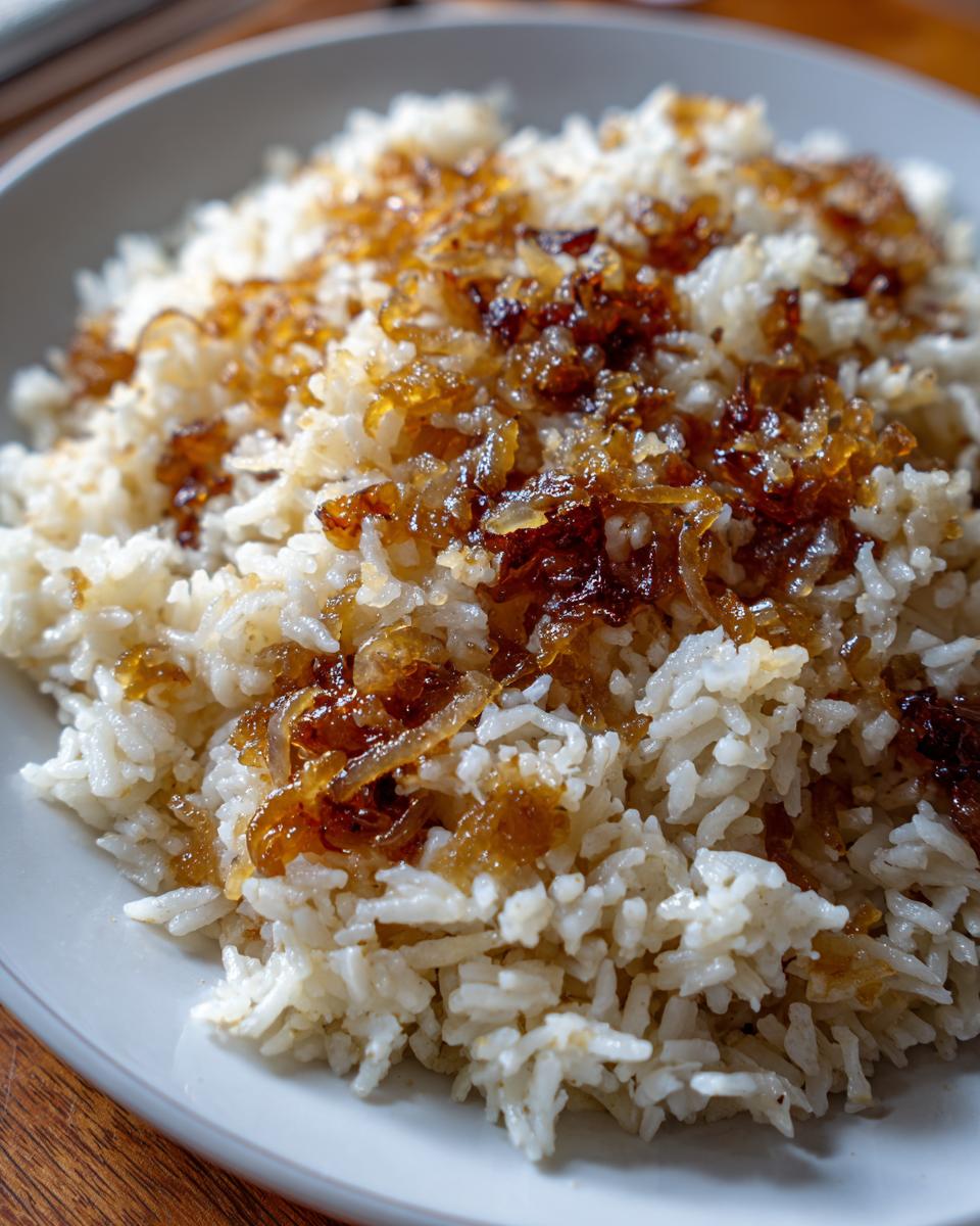 Close-up of fluffy white rice topped generously with deeply caramelized french onion butter rice mixture.