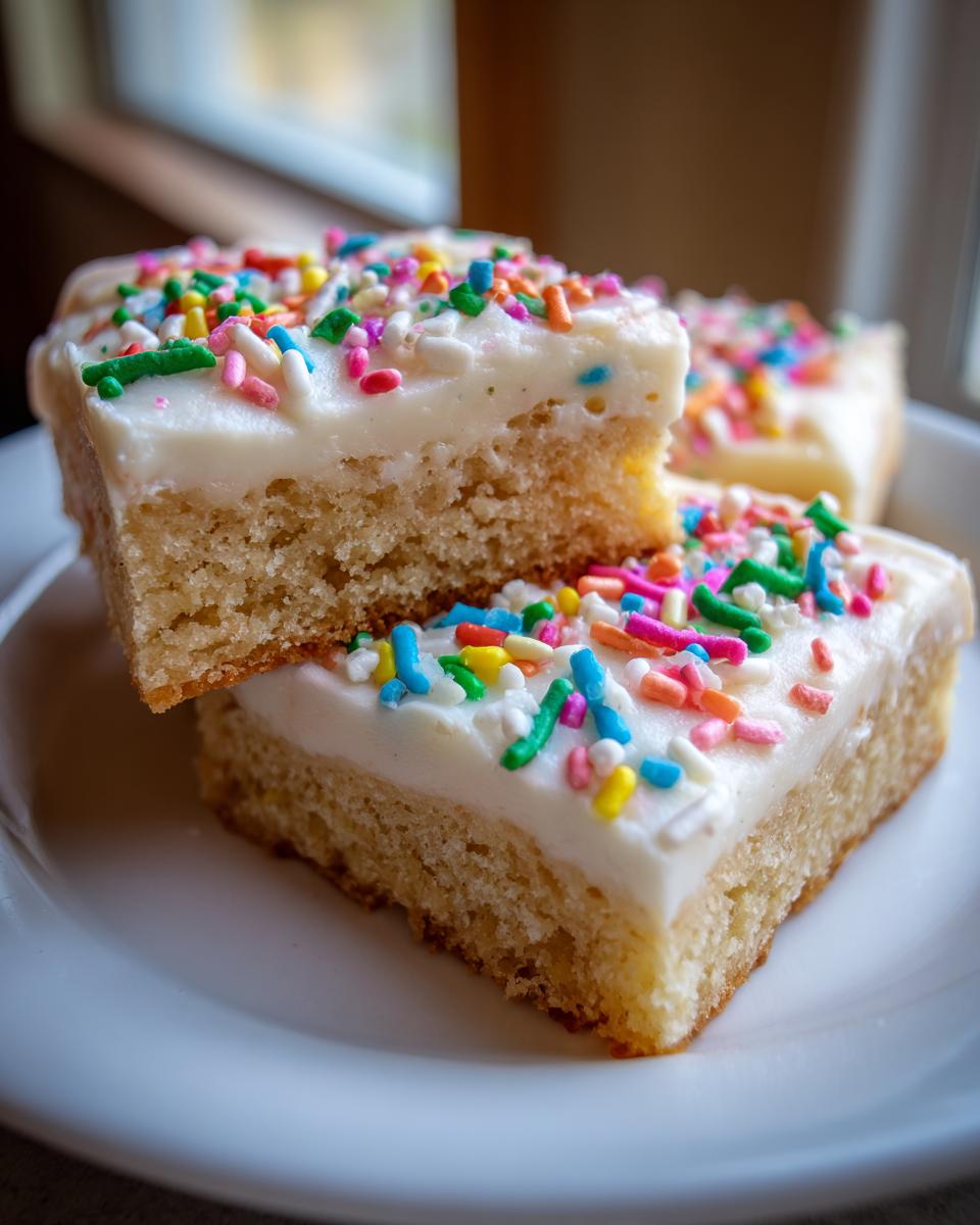 Three squares of thick, soft sugar cookie bars topped with white frosting and colorful sprinkles.