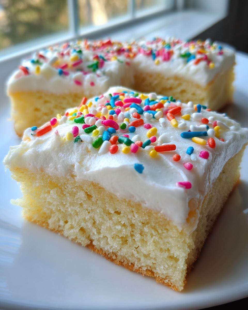A close-up of a thick slice of soft sugar cookie bars topped with white frosting and colorful sprinkles.