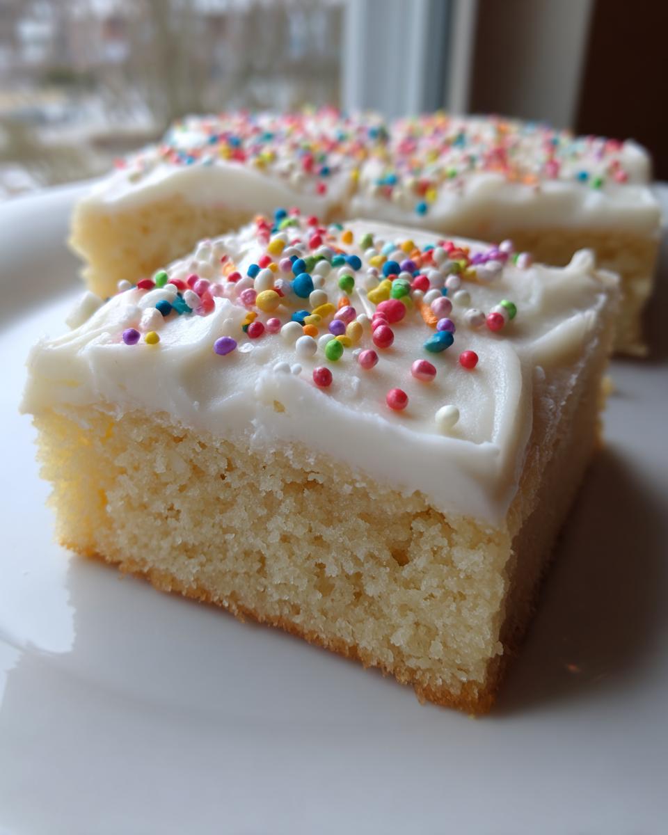 A close-up view of a square slice of soft sugar cookie bars topped with white frosting and colorful sprinkles.