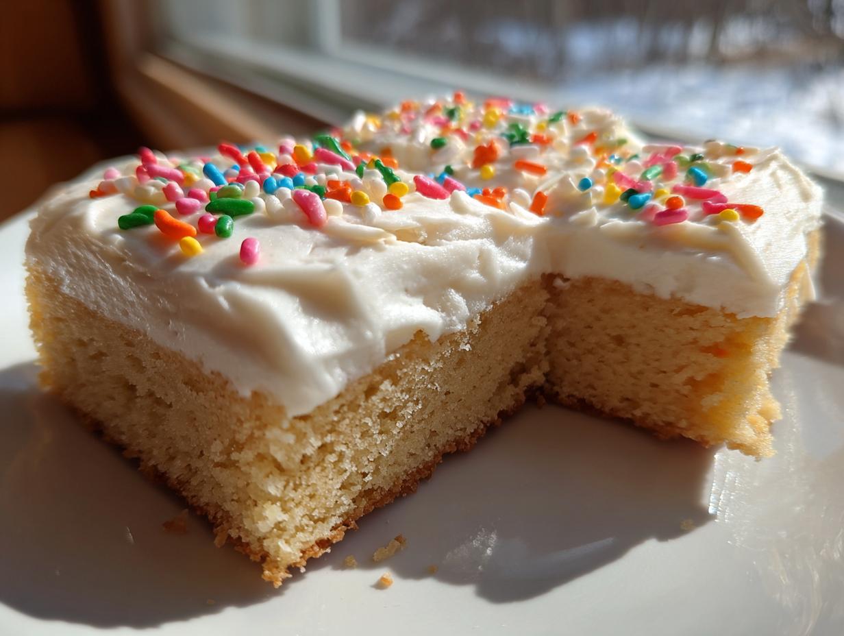 Close-up of two slices of thick, frosted sugar cookie bars topped with colorful rainbow sprinkles.