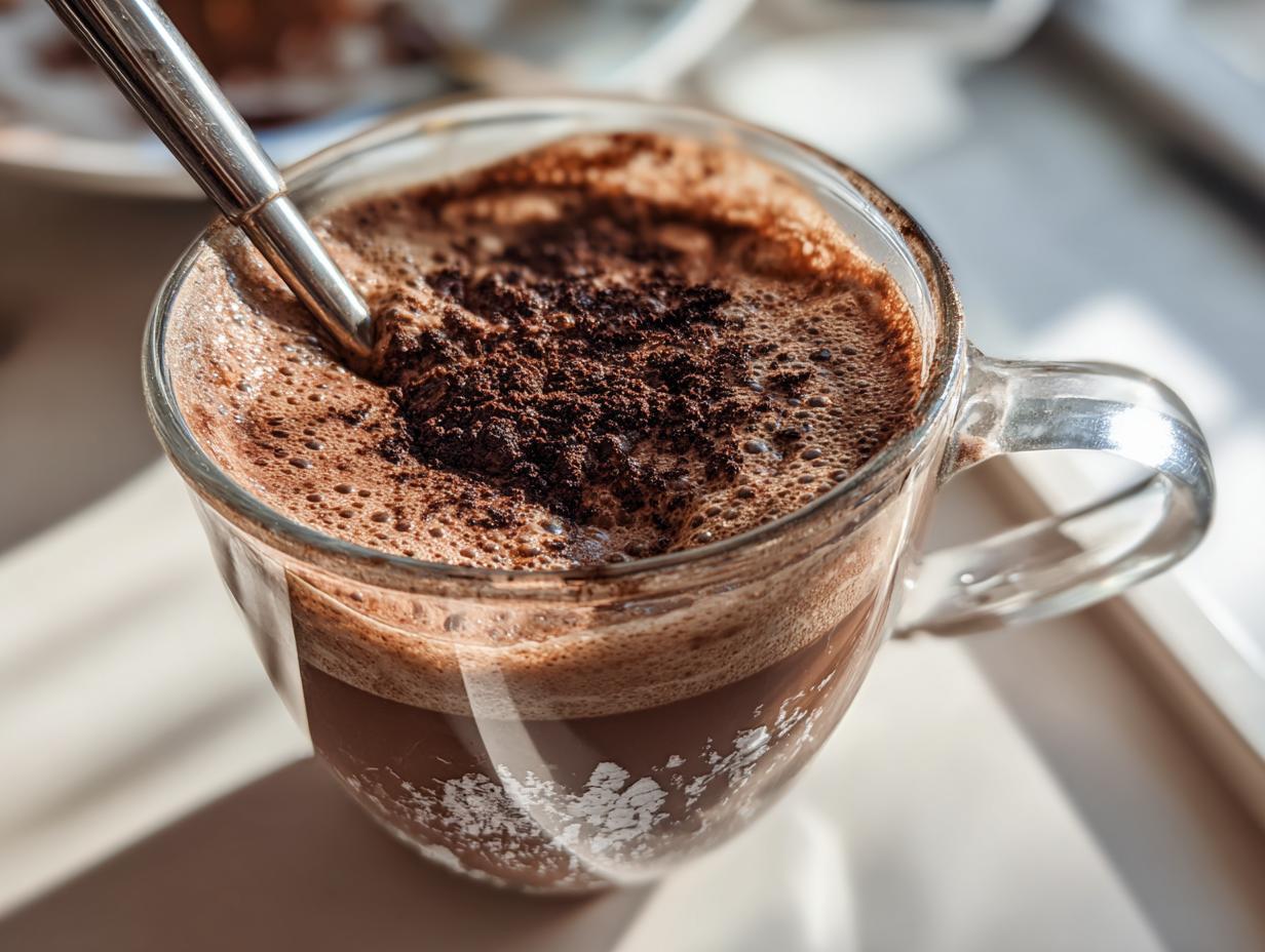 Close-up of a clear glass mug filled with rich, frothy hot cocoa mix, topped with cocoa powder and a metal spoon.