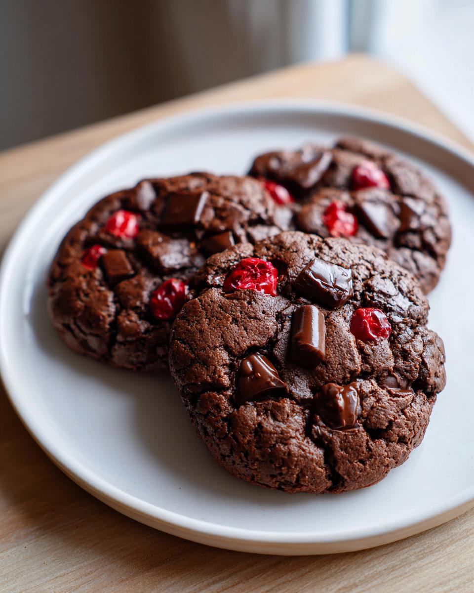 Three fudgy chocolate cherry cookies loaded with chocolate chunks and bright red cherries on a white plate.