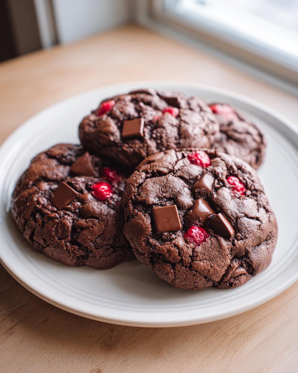 Four fudgy chocolate cherry cookies topped with chocolate chunks and bright red cherries, resting on a white plate.