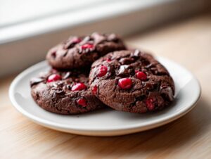 Close-up of three fudgy chocolate cherry cookies piled on a white plate near a bright window.