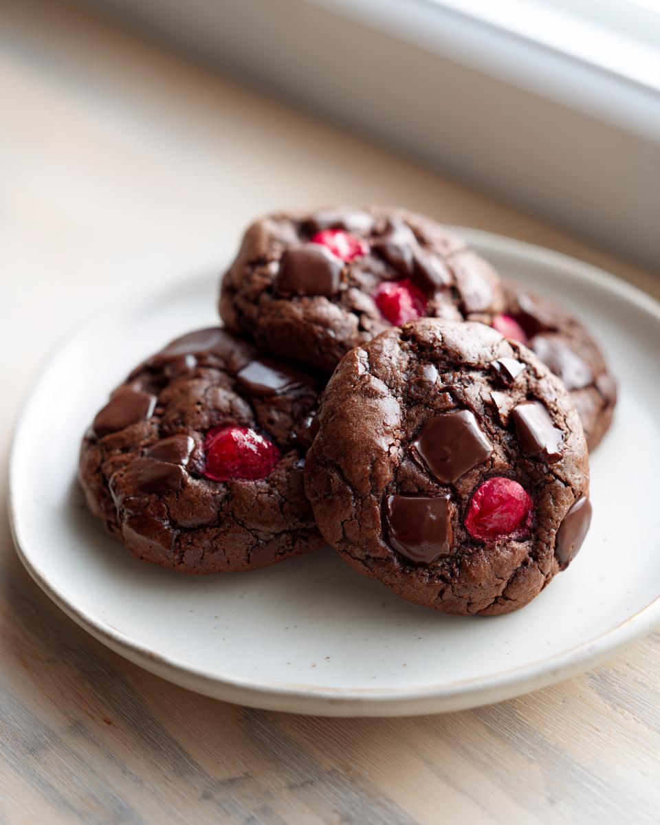 Three fudgy chocolate cherry cookies topped with melted chocolate chunks and bright red cherries.