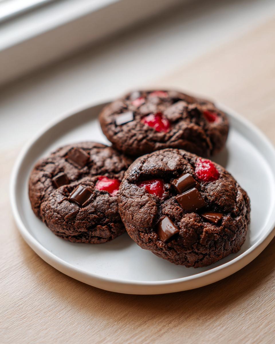 Three fudgy chocolate cherry cookies topped with chocolate chunks and bright red cherry pieces, resting on a white plate.