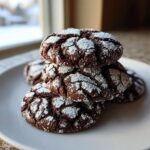 A stack of three fudgy chocolate crinkle cookies dusted heavily with white powdered sugar on a white plate.
