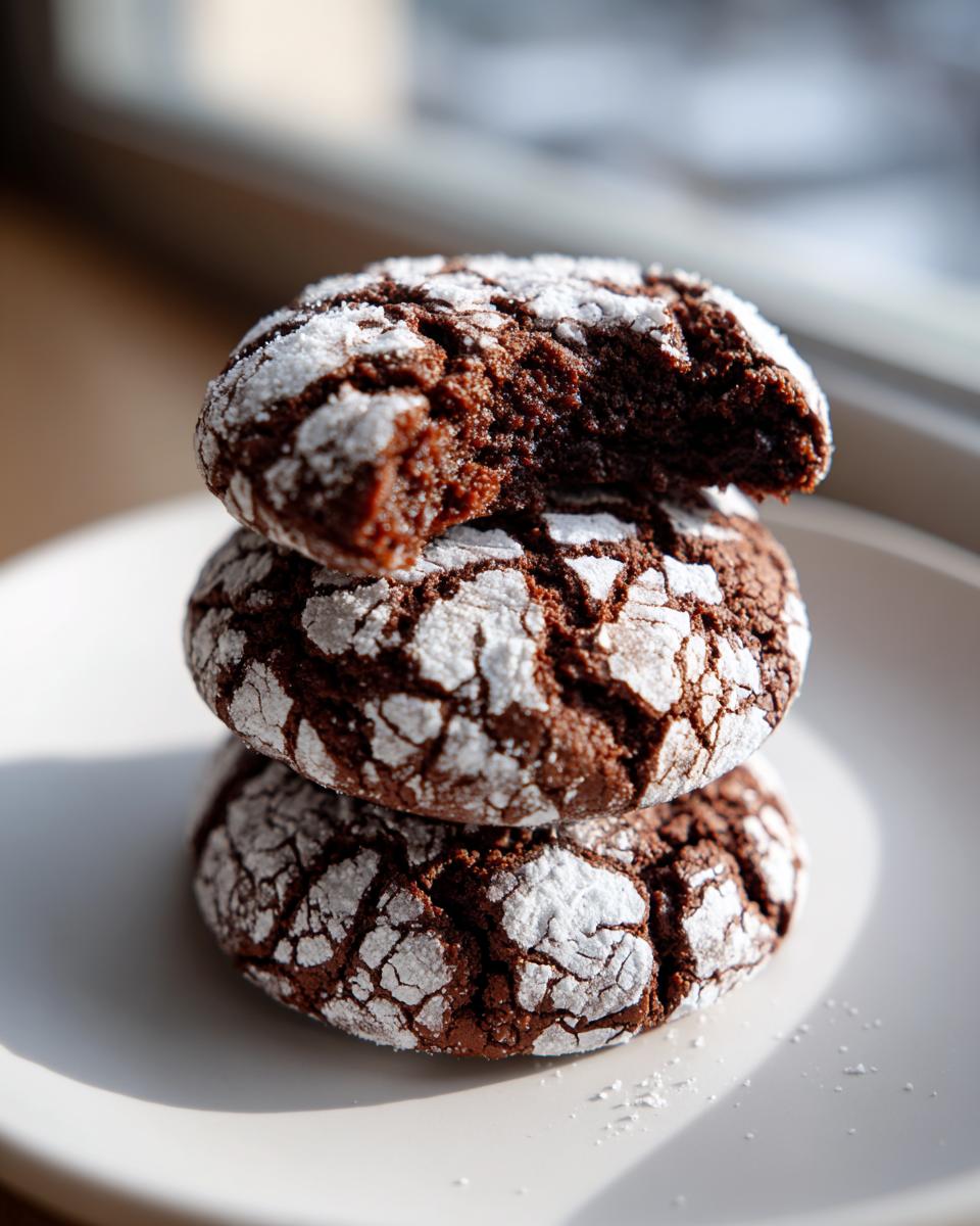 Three fudgy chocolate crinkle cookies stacked on a white plate, the top one has a bite taken out showing the rich interior.