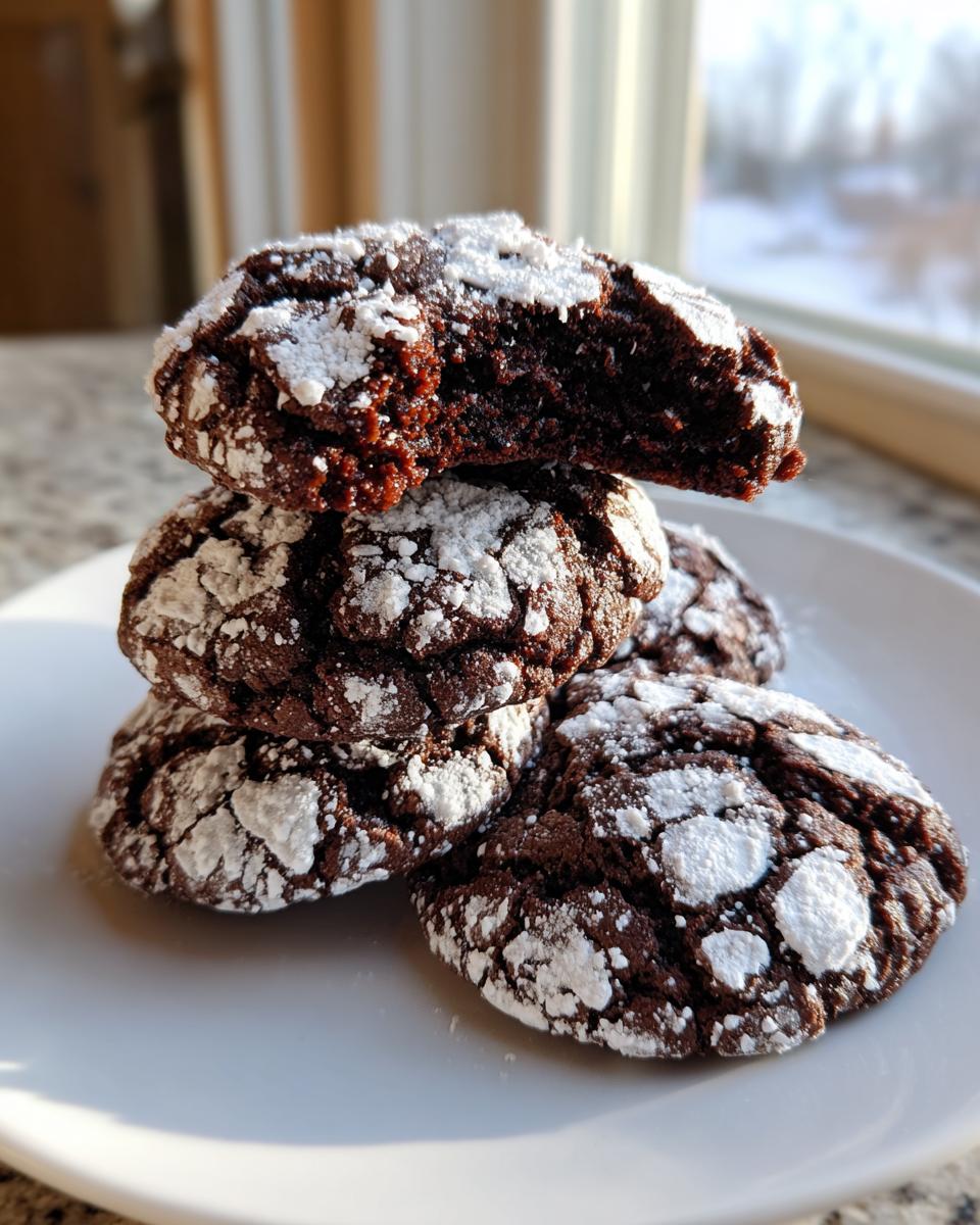 A stack of four fudgy chocolate crinkle cookies dusted with powdered sugar, with the top cookie broken open.