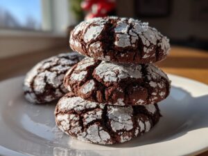 A stack of three fudgy chocolate crinkle cookies coated in white powdered sugar, sitting on a white plate in natural light.