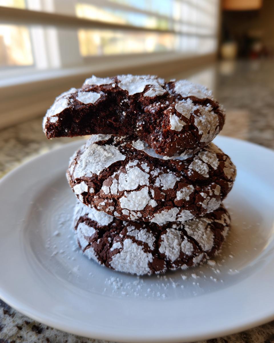 A stack of three dark chocolate crinkle cookies dusted with powdered sugar, one cookie has a bite taken out showing the fudgy interior.