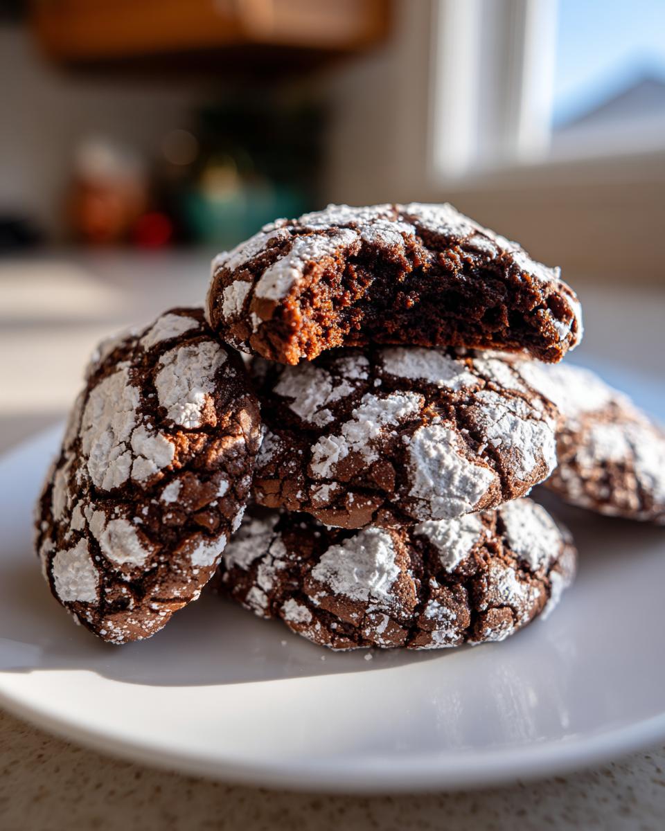 A stack of fudgy chocolate crinkle cookies dusted heavily with powdered sugar, one cookie on top has a bite taken out.