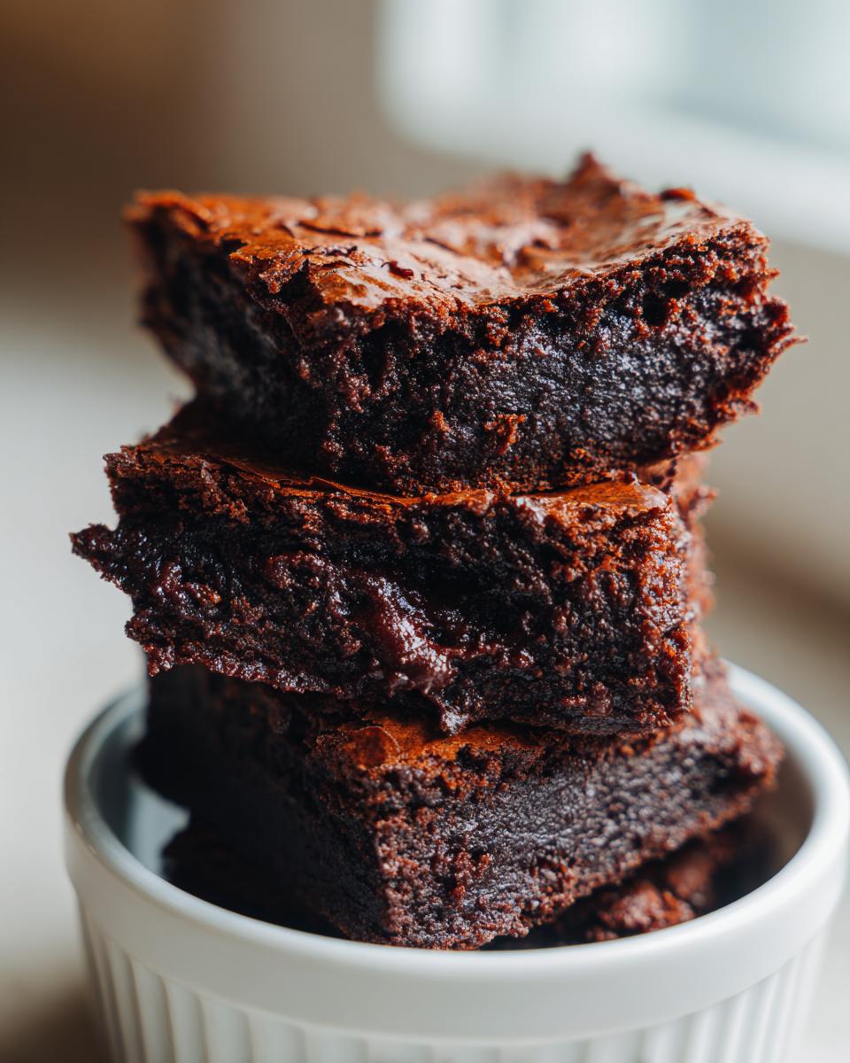 Close-up of three stacked, fudgy Cottage Cheese Microwave Brownie squares in a white ramekin.