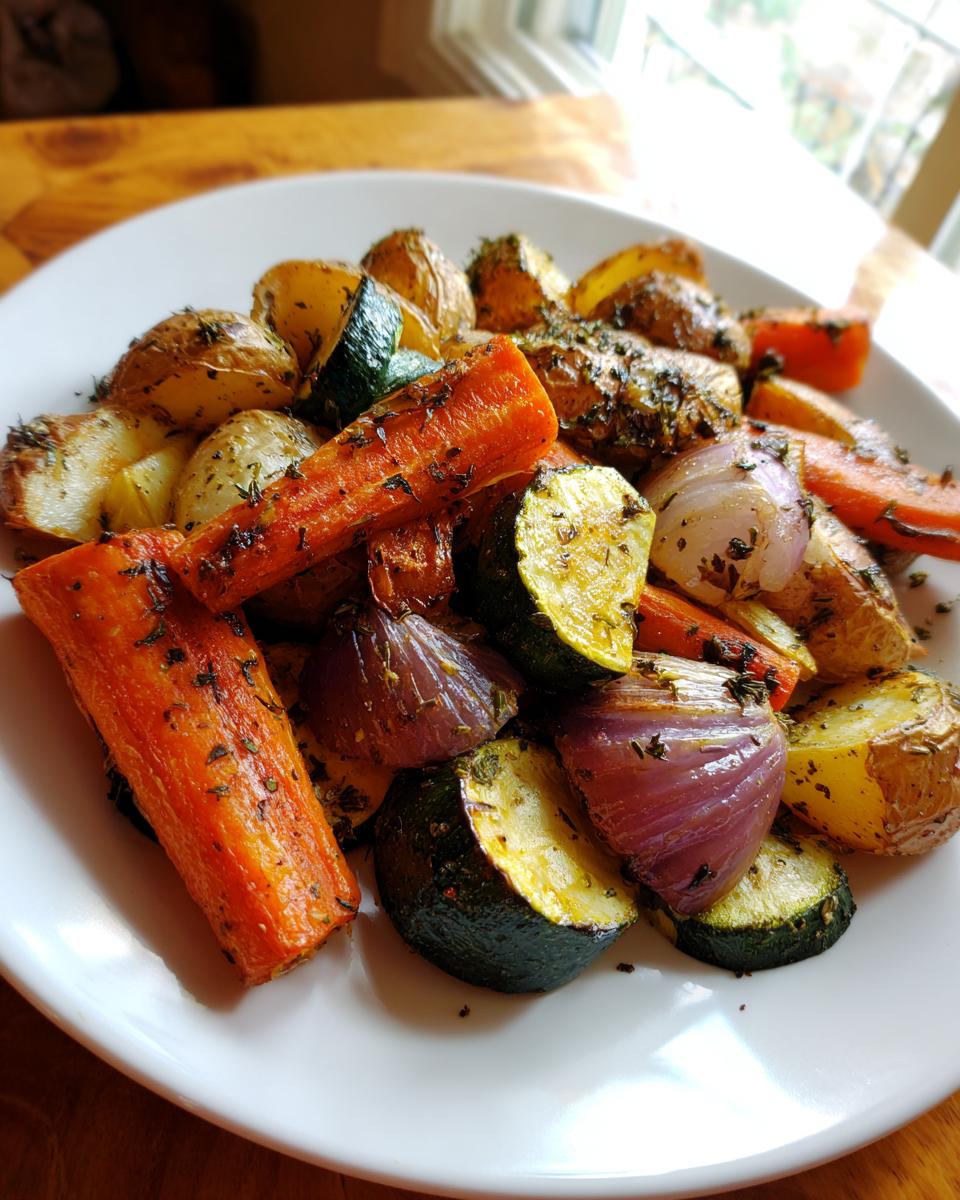 A close-up of a white plate filled with vibrant Garlic Herb Roasted Veggies, including carrots, zucchini, potatoes, and red onion wedges.