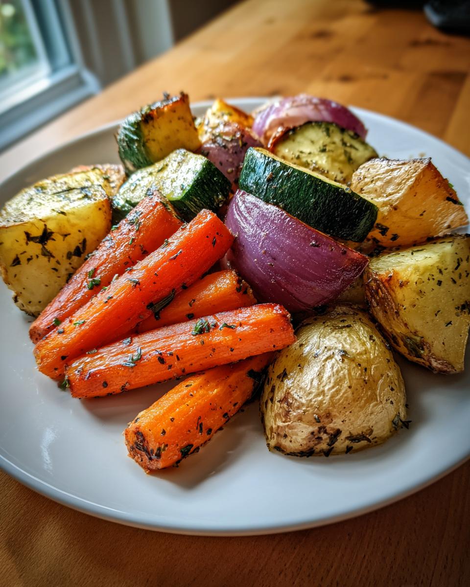 A white plate filled with vibrant Garlic Herb Roasted Veggies, including carrots, potatoes, zucchini, and red onion wedges.