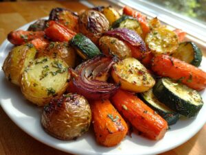 A close-up of colorful Garlic Herb Roasted Veggies including potatoes, carrots, zucchini, and red onion, glistening with herbs.