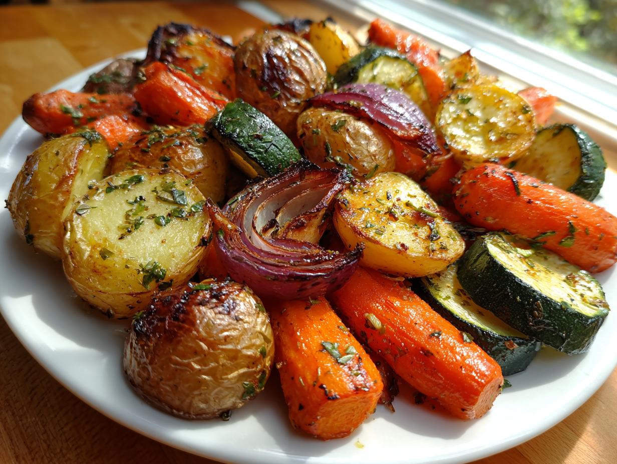 A close-up of colorful Garlic Herb Roasted Veggies including potatoes, carrots, zucchini, and red onion, glistening with herbs.