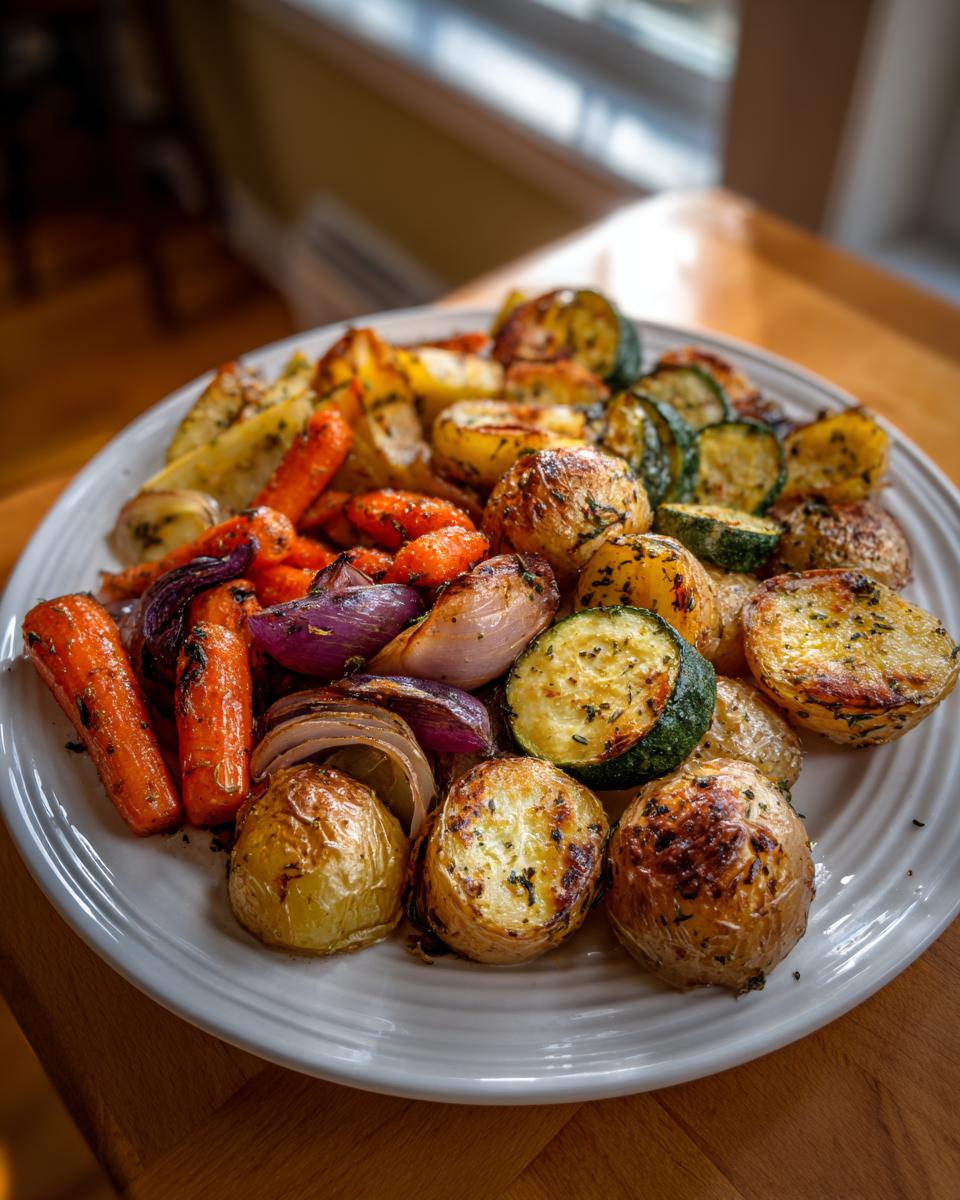 A white platter filled with assorted Garlic Herb Roasted Veggies, including potatoes, carrots, zucchini, and red onion.