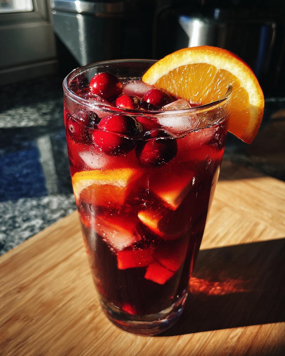 A tall glass filled with dark red christmas sangria, ice, orange slices, and whole cranberries, garnished with an orange wedge.