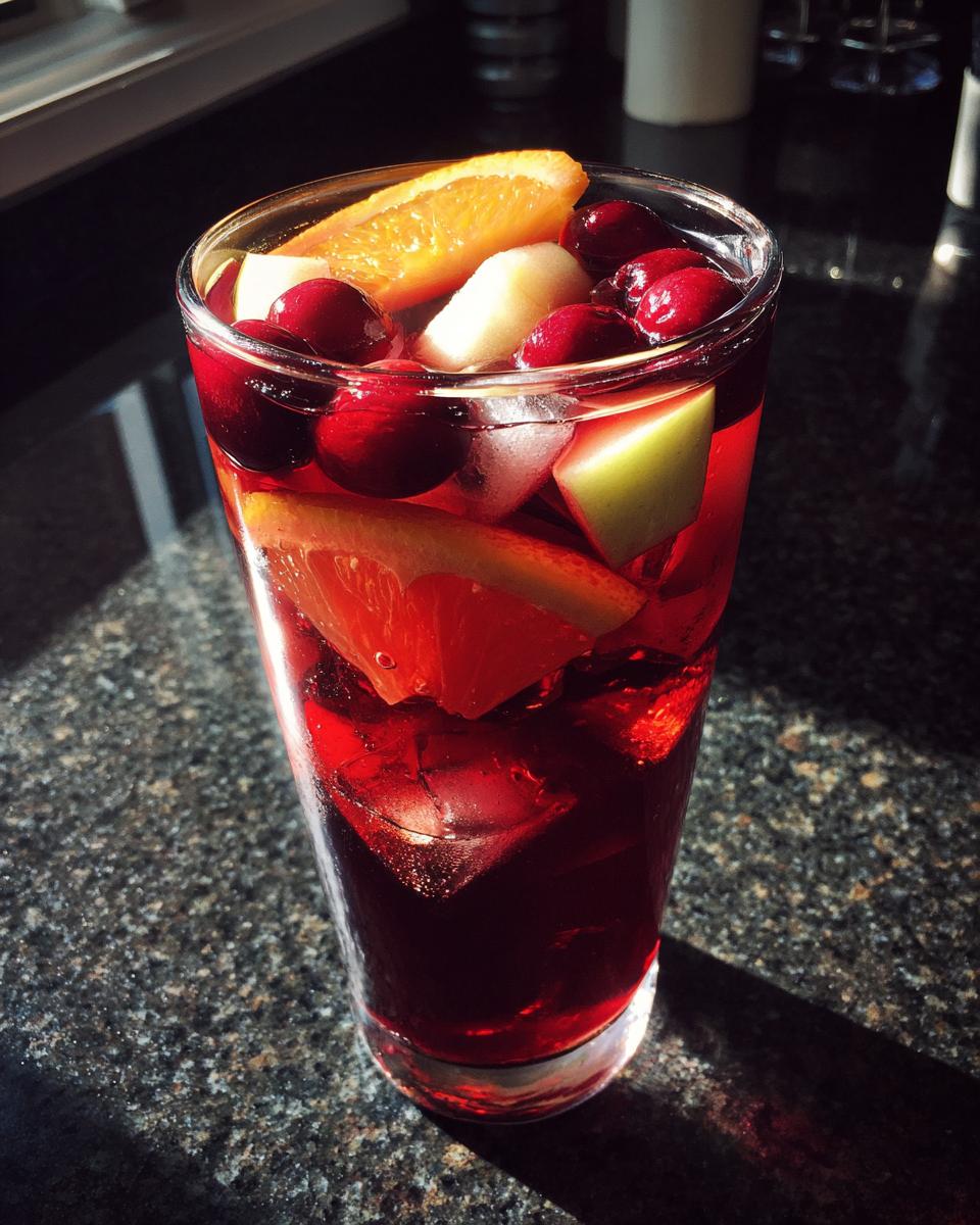 A tall glass filled with vibrant red christmas sangria, ice, orange slices, apples, and whole cranberries.