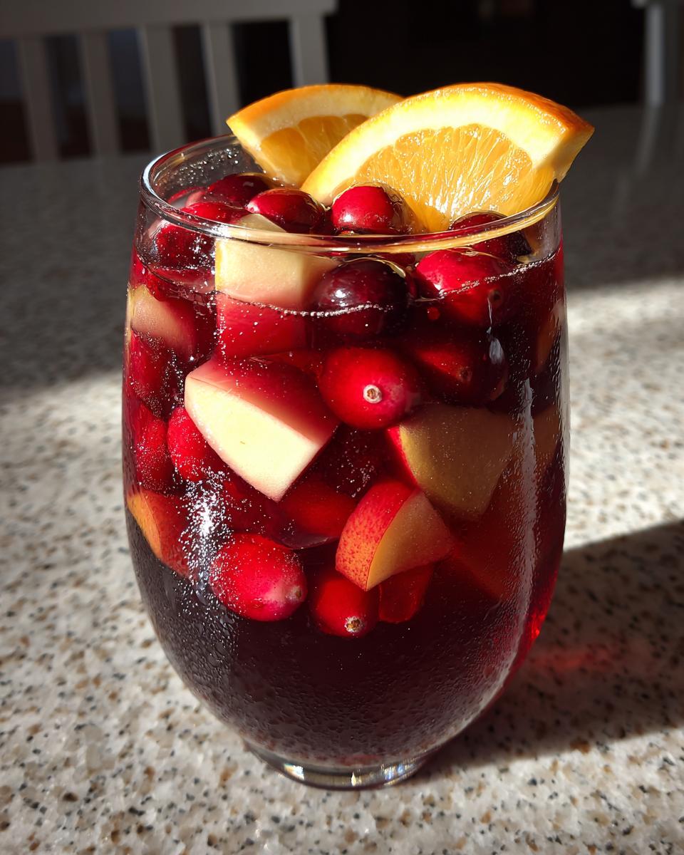 A refreshing glass of dark red christmas sangria filled with cranberries, apple chunks, and garnished with orange slices.