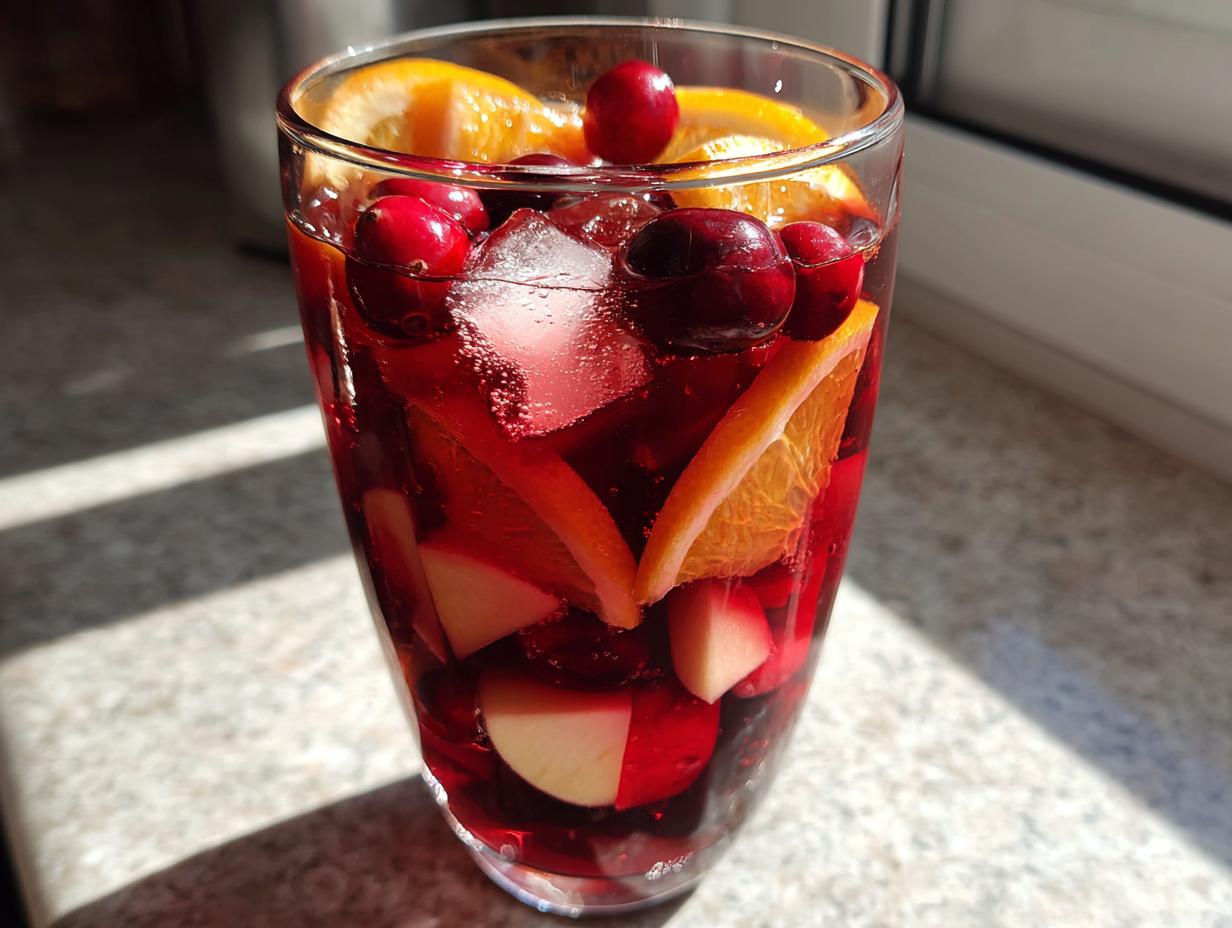 A tall glass filled with vibrant red Christmas sangria, ice cubes, orange slices, cranberries, and apple chunks.