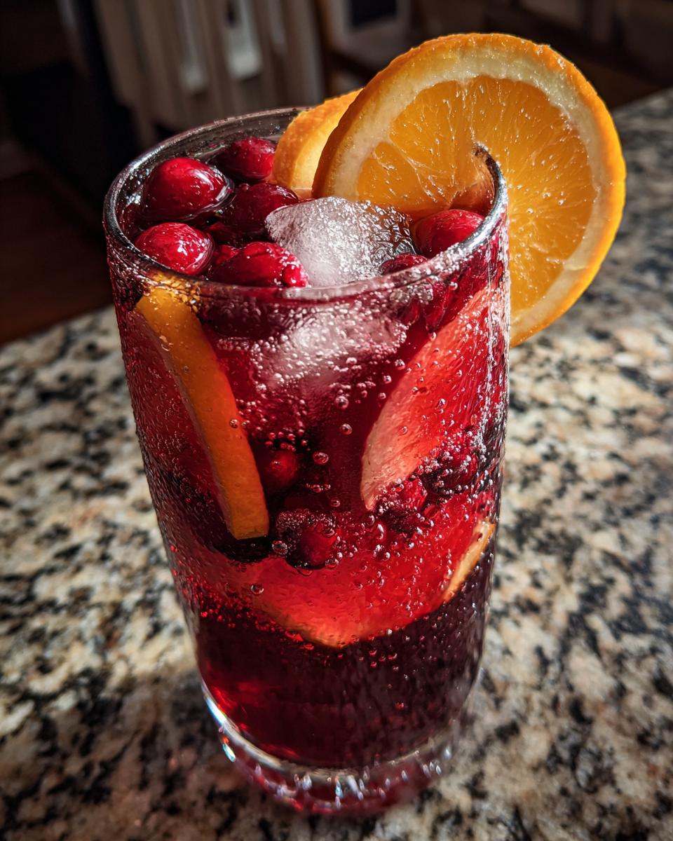 Close-up of a tall glass filled with bubbling red holiday sangria, ice, fresh cranberries, and an orange slice garnish.