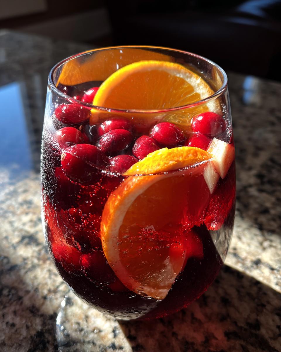 Close-up of a glass filled with bubbly holiday sangria, garnished with bright orange slices and whole cranberries.