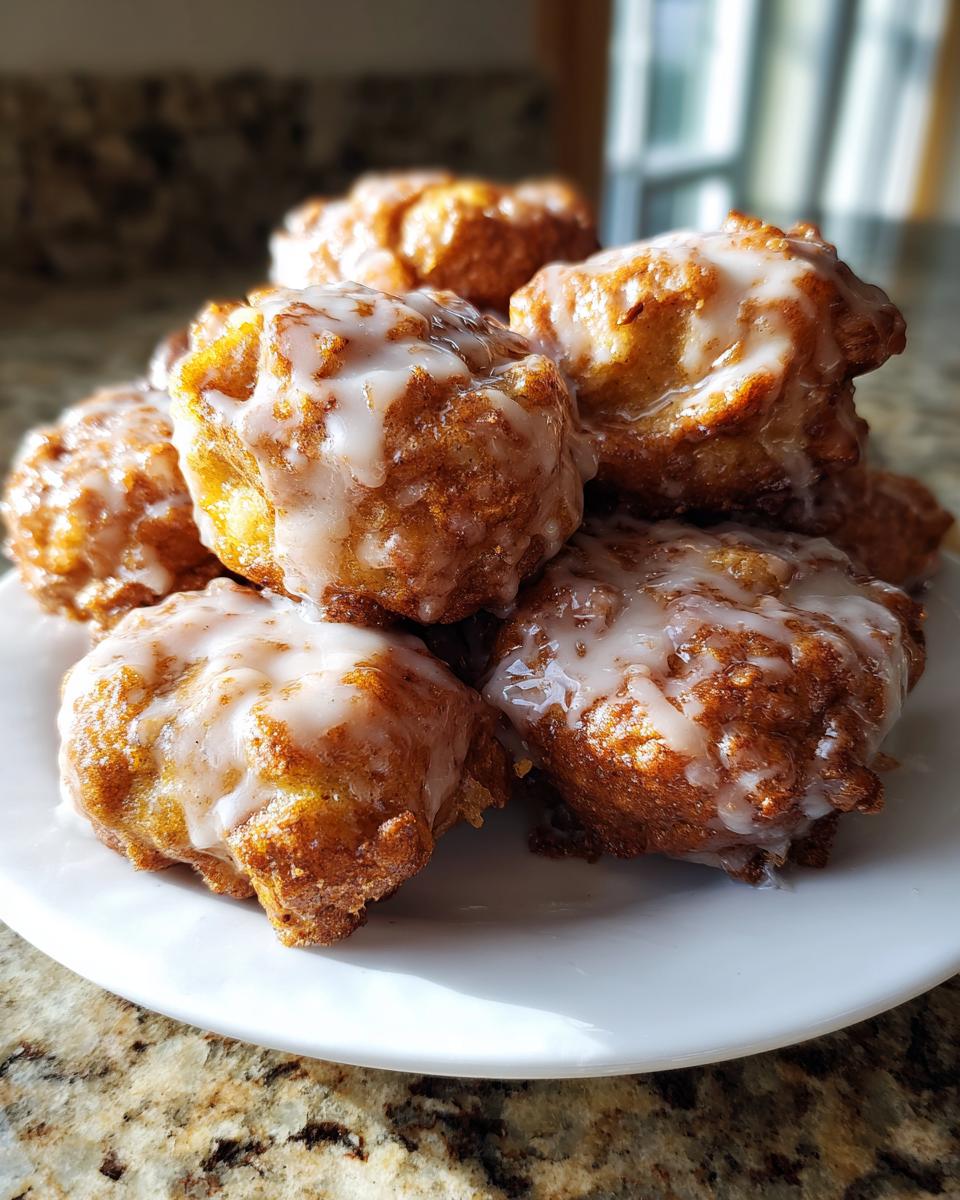 A close-up stack of golden brown baked apple fritters generously drizzled with white glaze.