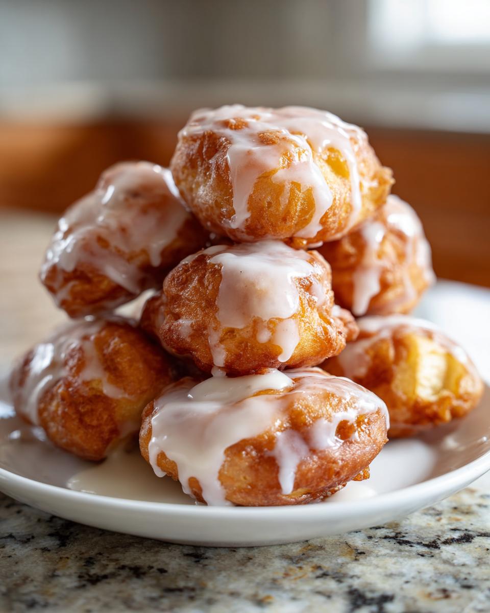 A tempting stack of golden brown baked apple fritters generously drizzled with white vanilla glaze.