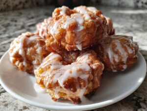 A close-up of several golden brown baked apple fritters drizzled generously with white glaze, stacked on a white plate.