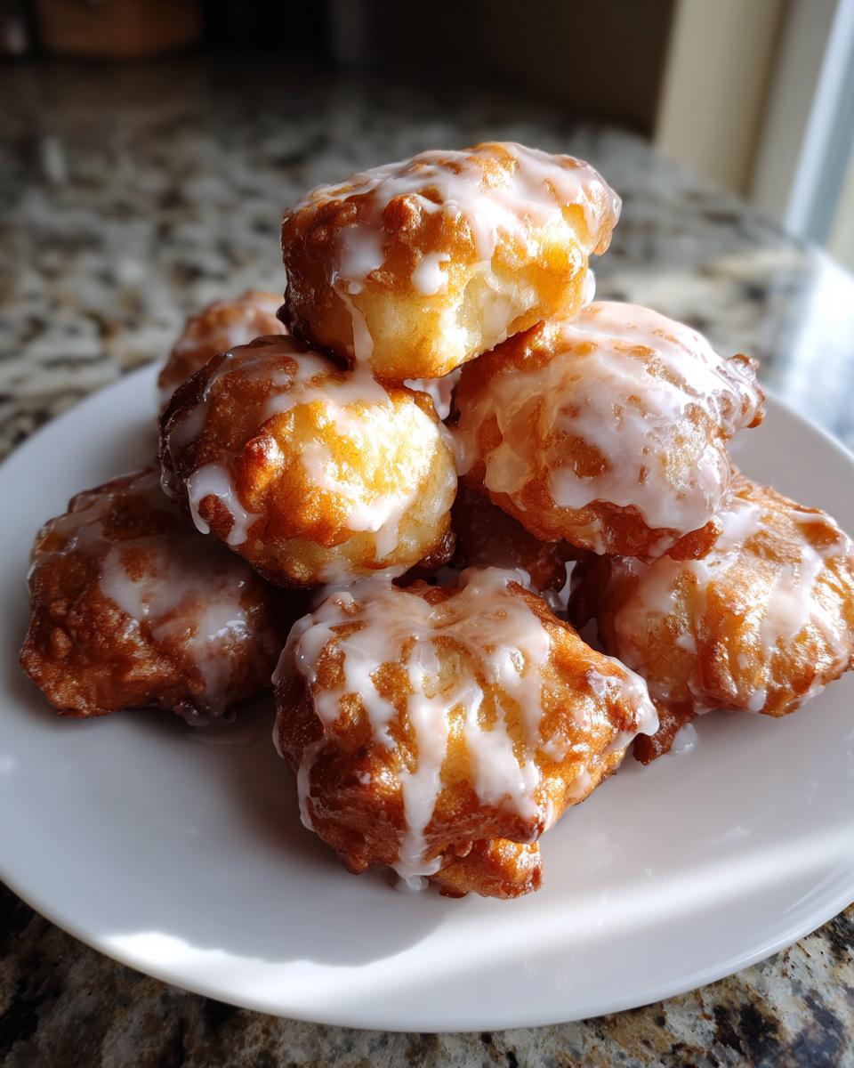 A stack of golden-brown baked apple fritters generously drizzled with white glaze, resting on a white plate.