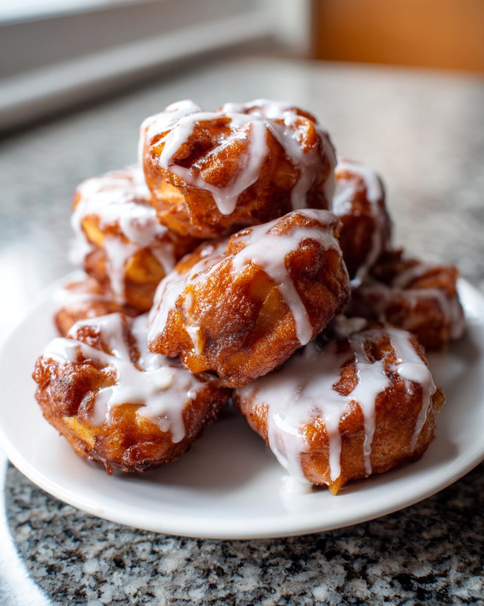A close-up stack of freshly made, golden-brown baked apple fritters drizzled heavily with white vanilla glaze.