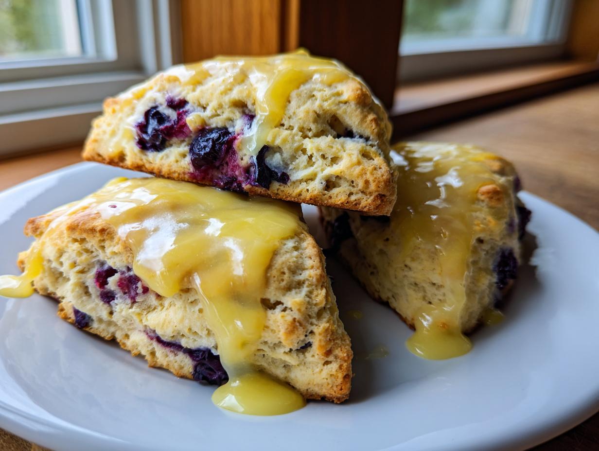 Three freshly baked lemon blueberry scones stacked on a white plate, generously drizzled with bright yellow lemon glaze.