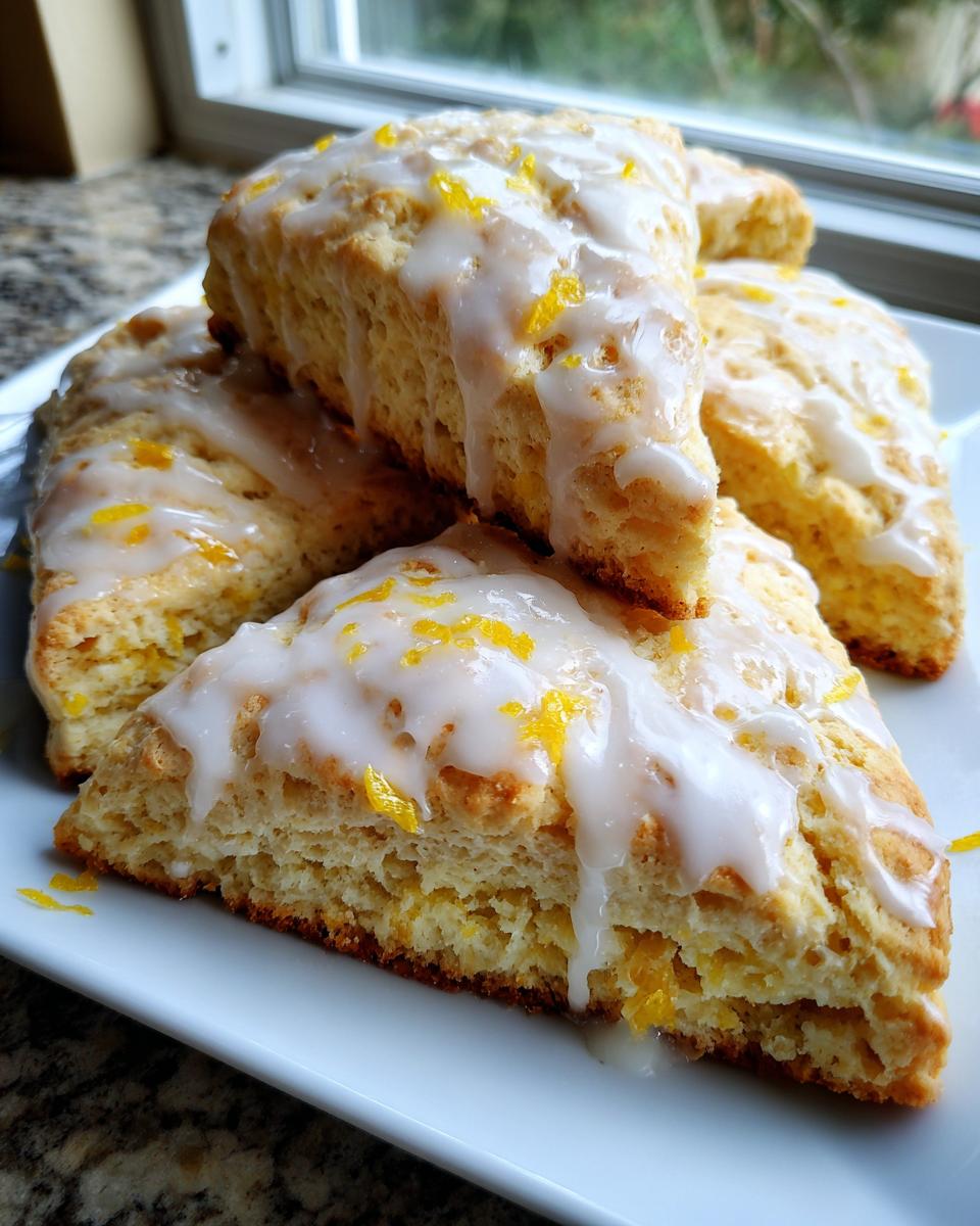 A stack of soft, triangular lemon scones topped with white glaze and bright yellow lemon zest.