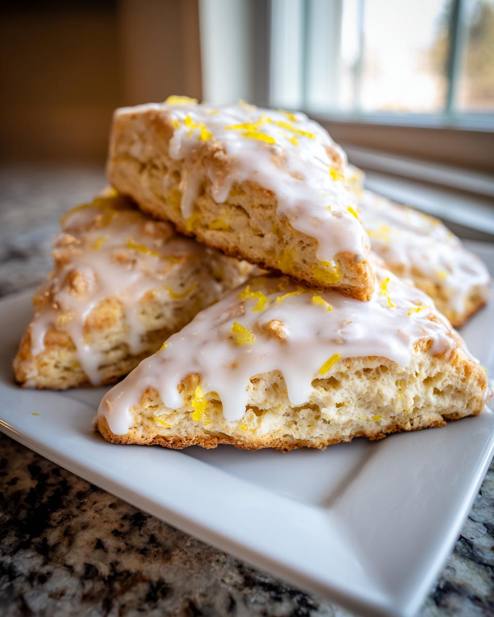 Close-up of several soft lemon scones stacked, drizzled with white glaze and topped with bright yellow lemon zest.